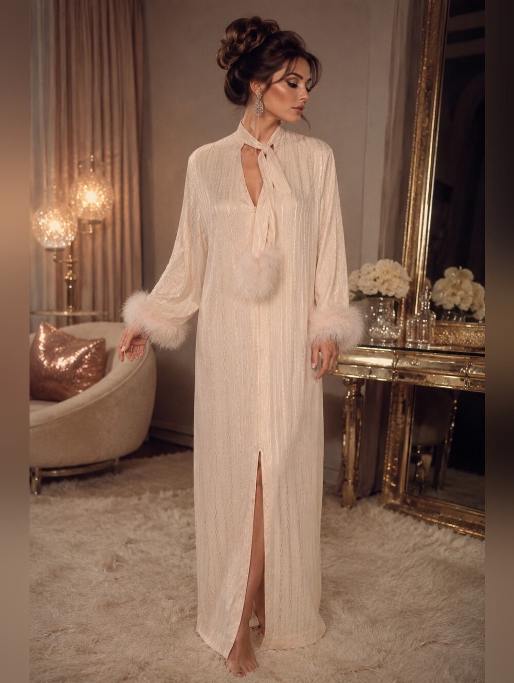 Vintage 60s Gilda Maria John Sayour Feather Trim Peignoir Hollywood Glam Medium